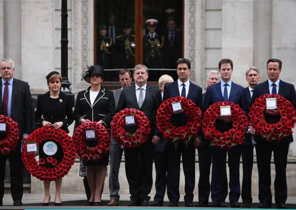 Carwyn Jones, Nicola Sturgeon, Arlene Foster,Ed Miliband, Nick Clegg and David Cameron attended the tribute at the Cenotaph. Picture: Getty