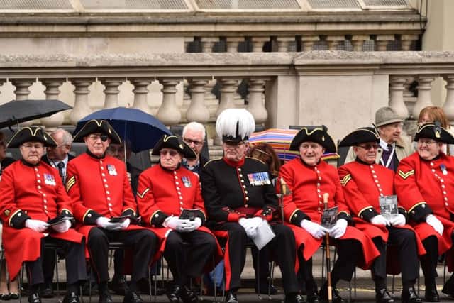 Veteran British servicemen, Chelsea Pensioners, wait for the start of the VE Day service of remembrance at the Cenotaph. Picture: Getty
