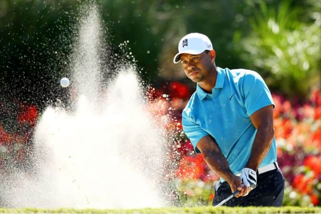 Tiger Woods plays his shot out of a bunker at the 14th hole of his second round at Sawgrass. Picture: Getty