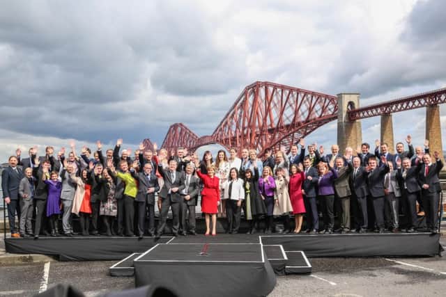 Nicola Sturgeon with the 56 SNP MPs. Picture: Alistair Pryde