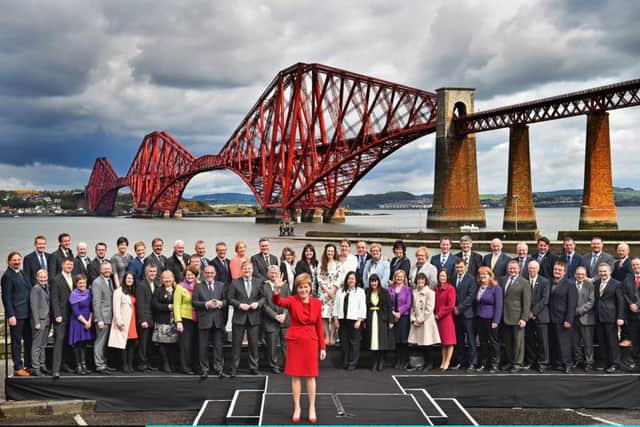 SNP leader Nicola Sturgeon with all the party's 56 MPs elected to Westminster. Picture: Getty