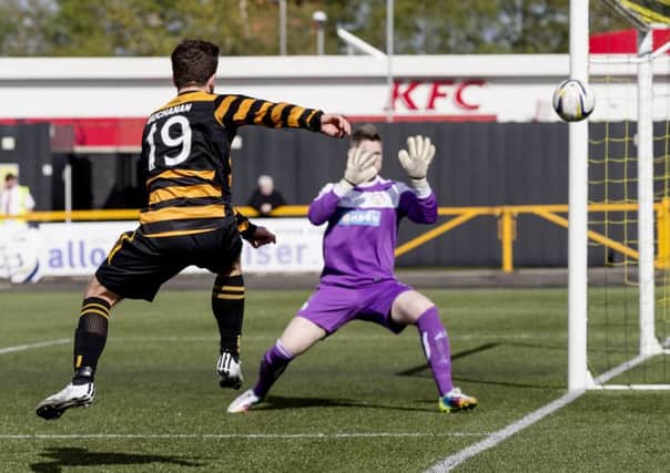 Alloa's Liam Buchanan goes close with this attempt at goal against Brechin. Picture: SNS