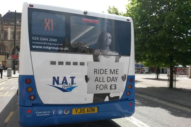 The controversial advert on the back of a X1 service operated by New Adventure Travel (NAT), based in Cardiff. Picture: PA