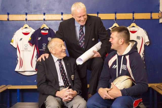 Selkirk's oldest living international, John 'Basher' Inglis, with John Rutherford and captain Andrew Cavanagh at the fund announcement. Picture: SNS