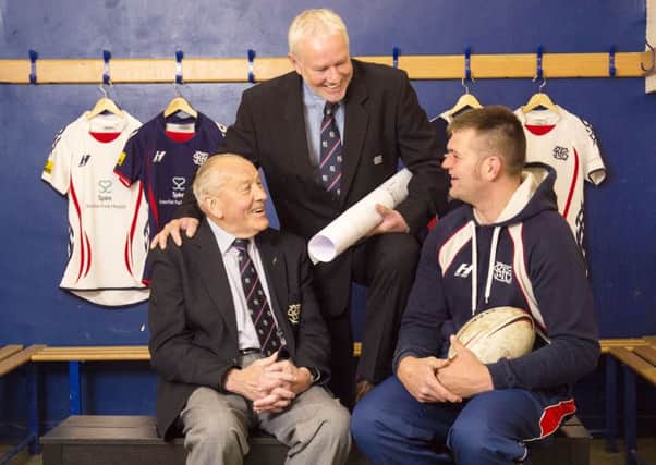 Selkirk's oldest living international, John 'Basher' Inglis, with John Rutherford and captain Andrew Cavanagh at the fund announcement. Picture: SNS