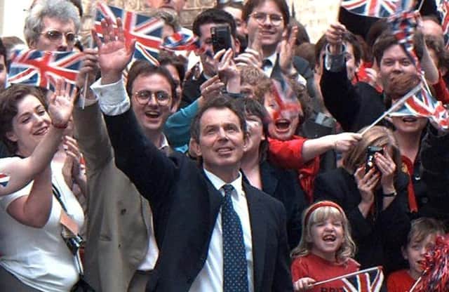 Tony Blair and supporters celebrate his winning the 1997 election. Picture: Jacques Demarthon/AFP/Getty Images