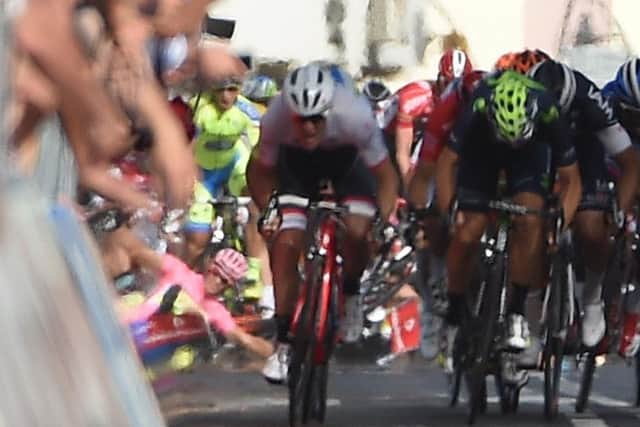 Alberto Contador goes down near the finish. Picture: AP