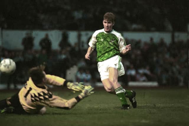 Keith Wright scoring against Dunfermline in the Skol Cup final in 1991. Picture: Jeff Mitchell