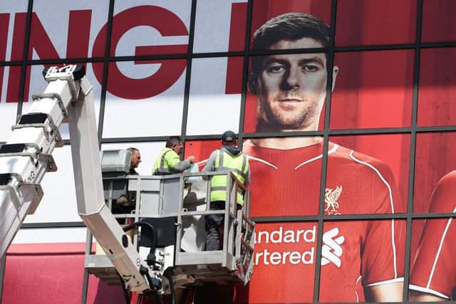 An image of Steven Gerrard is pasted over in a mural at Anfield. Picture: Getty