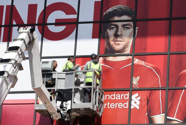 An image of Steven Gerrard is pasted over in a mural at Anfield. Picture: Getty