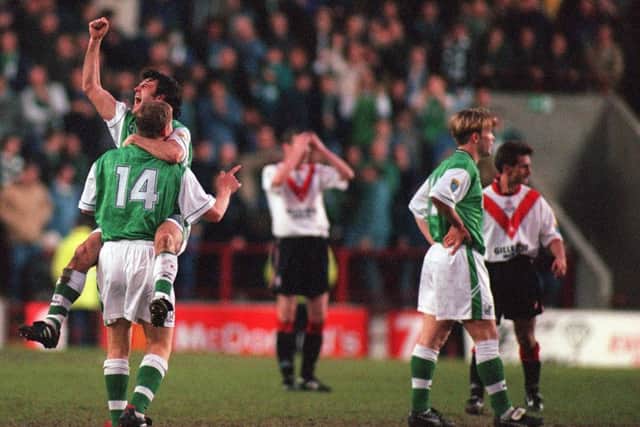 Wright and Darren Jackson celebrate Hibs play-off win against Airdrie in 1997. Picture: Gordon Fraser