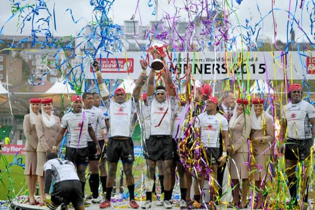 Fiji celebrate winning the Emirates Airline Rugby Sevens cup. Picture: Jane Barlow