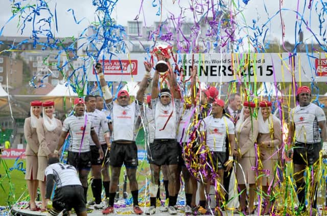 Fiji celebrate winning the Emirates Airline Rugby Sevens cup. Picture: Jane Barlow