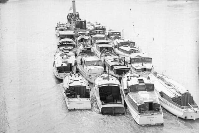 June 1940:  A fleet of small motor boats being towed up the Thames after taking part in the BEF (British Expeditionary Forces) Dunkirk rescue. Picture: Getty
