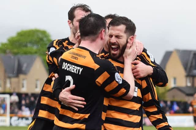 Alloas Liam Buchanan, right, celebrates after putting his side 2-0 up against Forfar in yesterdays Championship play-off final. Picture: SNS