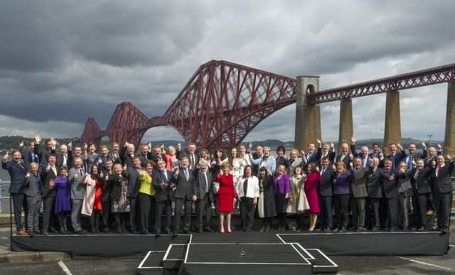 First Minister Nicola Sturgeon with all 56 newly elected SNP MPs. Picture: Jane Barlow