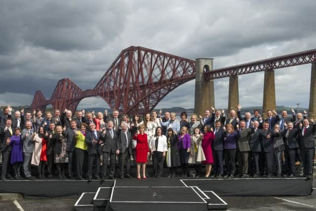 First Minister Nicola Sturgeon with all 56 newly elected SNP MPs. Picture: Jane Barlow