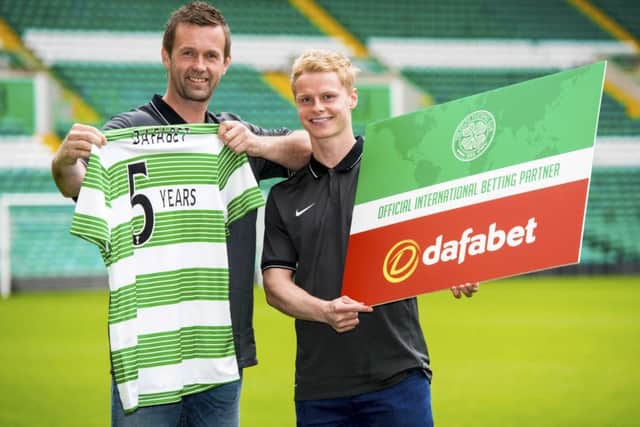 Gary Mackay-Steven with Ronny Deila at the launch of the clubs new deal with Dafabet. Picture: SNS
