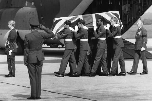 The body of Lord Mountbatten, British naval commander and statesman, arrives at the airport in 1979, along with the coffins of his grandson Nicholas and Dowager Lady Brabourne. Picture: Getty