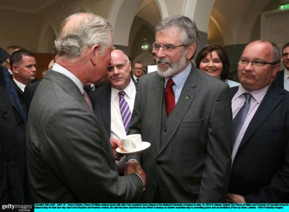 The Prince Of Wales shakes hands with Sinn Fein president Gerry Adams at the National University of Ireland. Picture: Getty