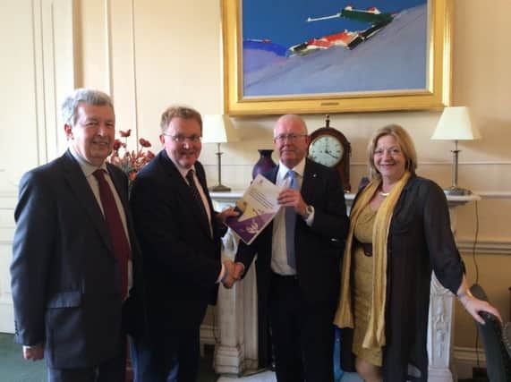 From left, Lewis Macdonald, David Mundell, Bruce Crawford and Linda Fabiani at Dover House where the MSPs handed over report. Picture: Contributed