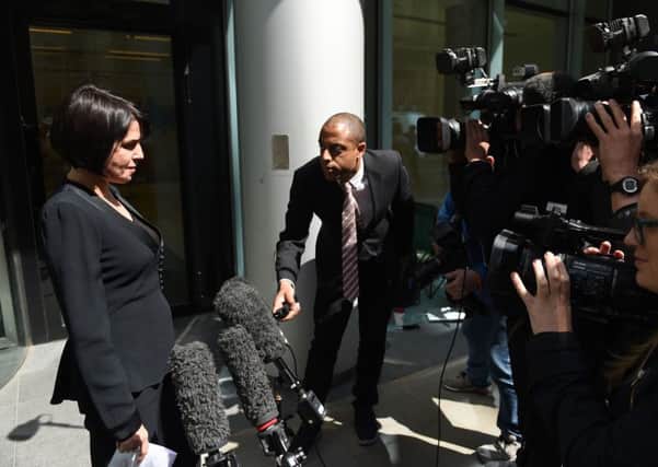 Sadie Frost makes a statement to journalists outside the Rolls Building in London after a judge gave his decision on phone-hacking damages from Mirror Group Newspapers. Picture: PA