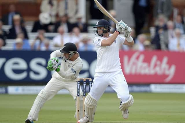 Englands Joe Root hits out on his way to 98 during the opening day of the first Test against New Zealand at Lords. Picture: Getty Images