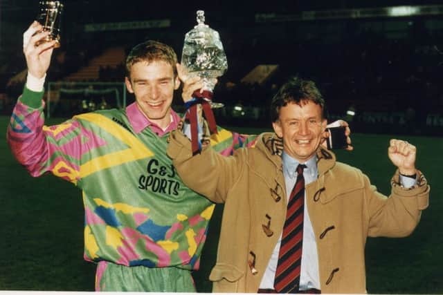 Roddy McKenzie celebrates with Terry after Stenhousemuir win the Scottish Challenge Cup against Dundee United, 1995