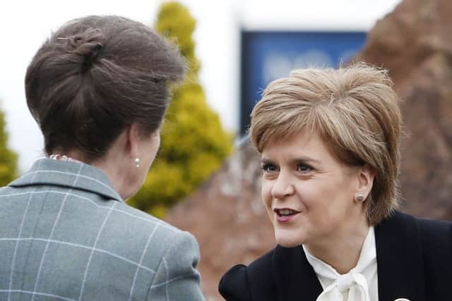 Scottish First Minister Nicola Sturgeon shakes the hand of the Princess Royal during a special service to commemorate the 100th anniversary of the Quintinshill rail crash. Picture: PA