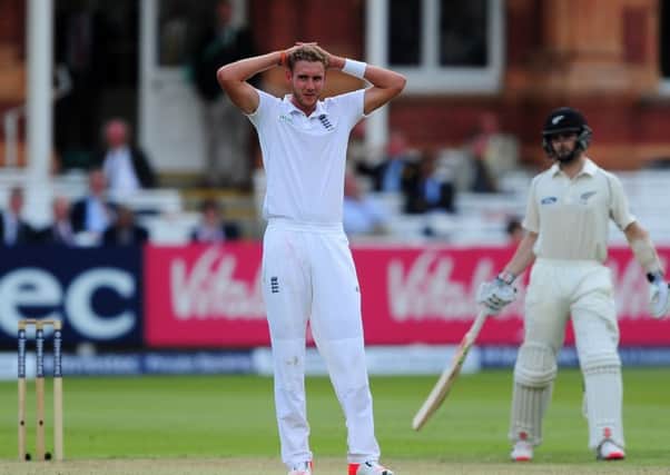 England bowler Stuart Broad cuts a dejected figure as New Zealand reached 303 for two on the second day at Lords. Picture: Getty