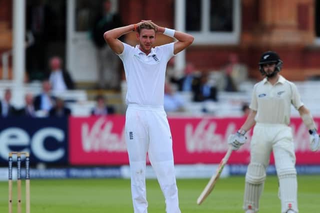 England bowler Stuart Broad cuts a dejected figure as New Zealand reached 303 for two on the second day at Lords. Picture: Getty