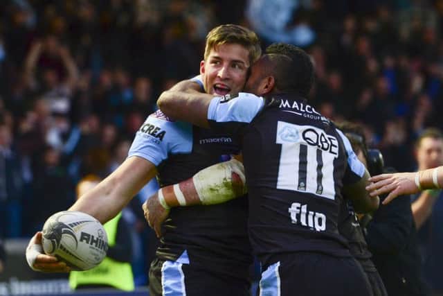 Van Der Merwe celebrates leveling the score for Glasgow Warriors. Picture: SNS