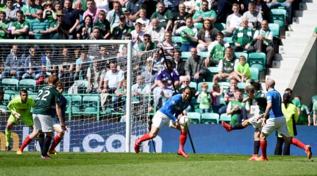 Hibernian's Jason Cummings (2nd right) puts his side ahead late on. Picture: SNS