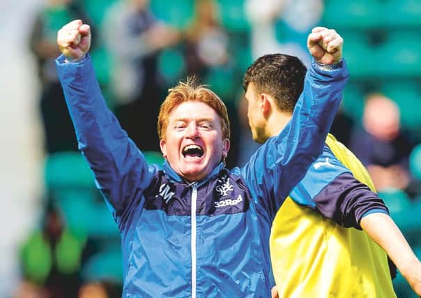 Rangers manager Stuart McCall celebrates reaching the play-off final. Picture: SNS