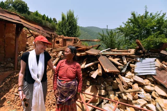 Susan Sarandon visits an earthquake-damaged village in Nepal. Picture: AP