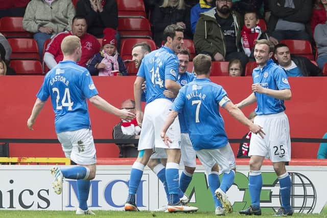 Chris Kane, far right, is mobbed after scoring what turned out to be the winner against Aberdeen. Picture: SNS