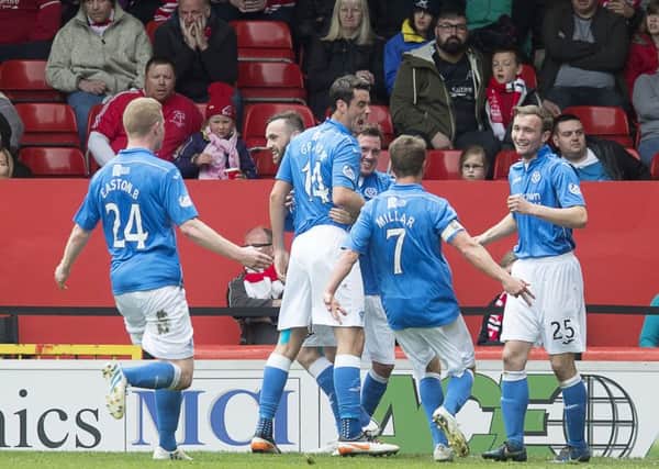 Chris Kane, far right, is mobbed after scoring what turned out to be the winner against Aberdeen. Picture: SNS