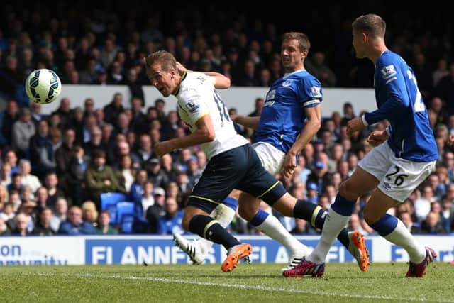 Harry Kane heads in the only goal of the game as Spurs defeat Everton 1-0 at Goodison. Picture: Getty