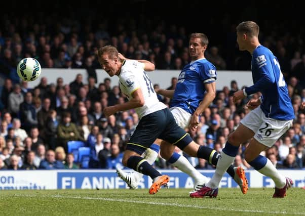 Harry Kane heads in the only goal of the game as Spurs defeat Everton 1-0 at Goodison. Picture: Getty