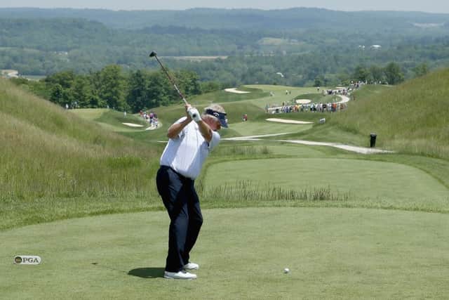 Colin Montgomerie tees off in French Lick, Indiana. Picture: Getty