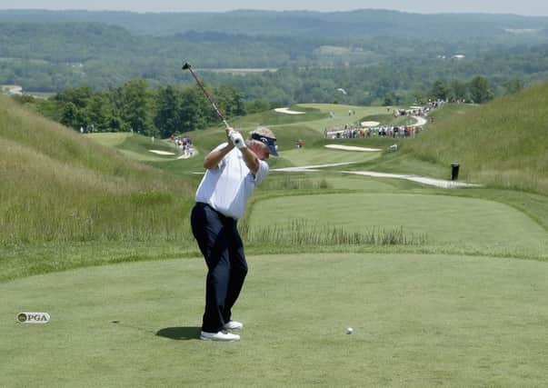 Colin Montgomerie tees off in French Lick, Indiana. Picture: Getty