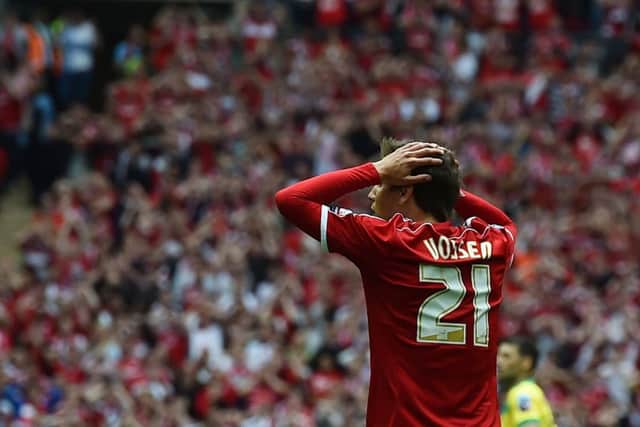 Middlesbrough's Belgian striker Jelle Vossen reacts after his shot hit the crossbar. Picture: AFP
