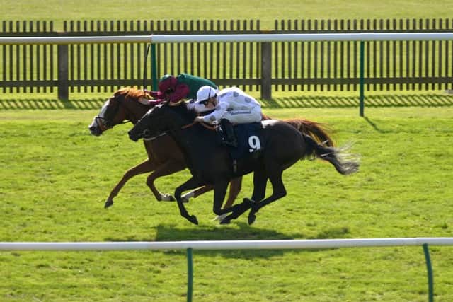 Rosalie Bonheur, left, wins Jersey Lily Nursery Handicap at Newmarket last season. Picture: Getty