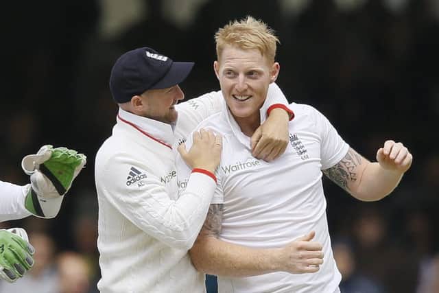 Joy for Ben Stokes and Adam Lyth after Kane Williamsons dismissal. Picture: AP