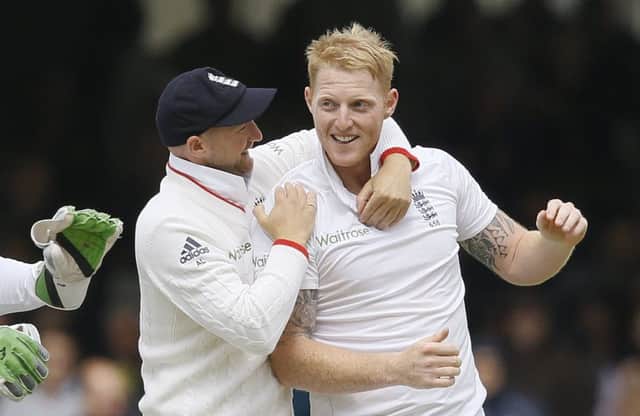 Joy for Ben Stokes and Adam Lyth after Kane Williamsons dismissal. Picture: AP