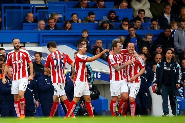 Stokes Charlie Adam celebrates his wonder goal against Chelsea, but he missed out on award. Picture: Getty