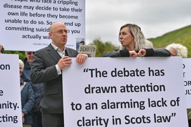 Patrick Harvie, co-convenor of the Scottish Green Party, and Francesca Kelsey join campaigners supporting the proposed legislation to allow assisted suicide in Scotland. Picture: Getty