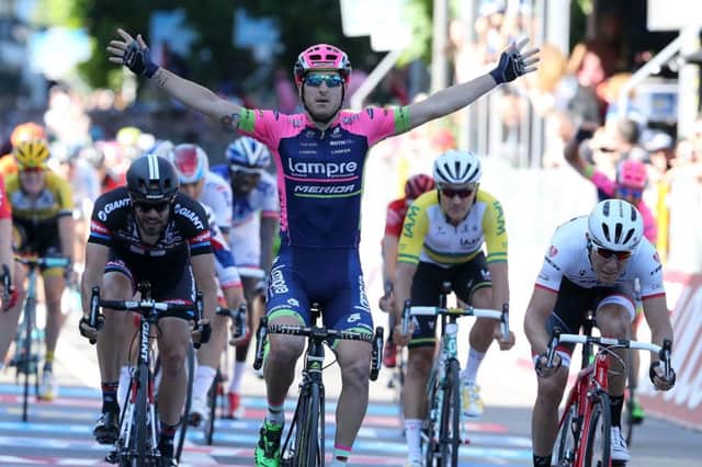 Sacha Modolo celebrates as he crosses the line to win the 17th stage of the Giro. Picture: Luk Benies/AFP/Getty