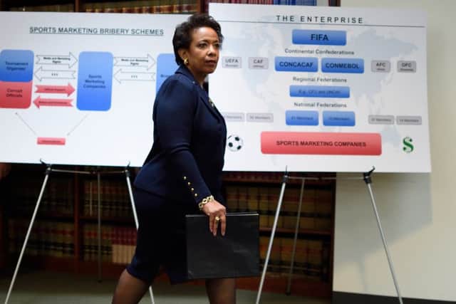 US Attorney General Loretta E Lynch arrives to announce charges against Fifa officials. Picture: Getty
