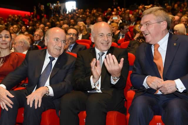 Fifa president Sepp Blatter, Swiss sports minister Ueli Maurer and International Olympic Committee (IOC) president Thomas Bach attend the opening ceremony of the 65th FIFA Congress in Zurich on May 28. Picture: Getty
